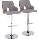 Stella Adjustable Swivel Bar Stool in Chrome, Walnut Wood & Light Grey Fabric (Set of 2)